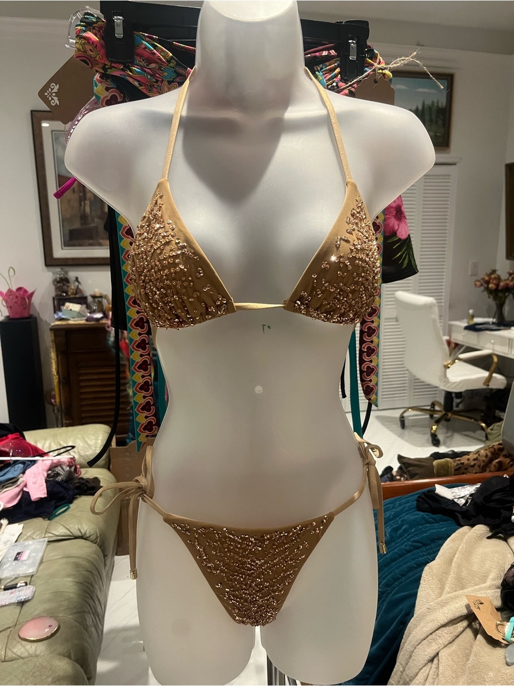 Beach Bunny Gold Beaded Triangle String Bikini